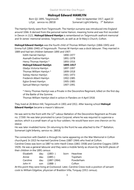 Holroyd Edward HAMLYN Born Q1 1895, Teignmouth Died 16 September 1917, Aged 22 L/Cpl, Service No 28018 Somerset Light Infantry, 7Th Battalion