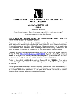 Berkeley City Council Agenda & Rules Committee Special