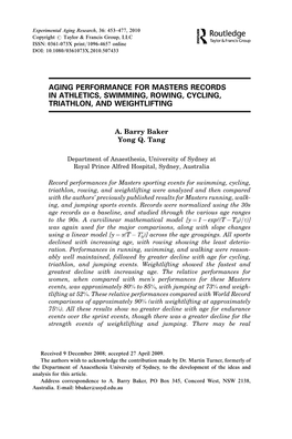 Aging Performance for Masters Records in Athletics, Swimming, Rowing, Cycling, Triathlon, and Weightlifting