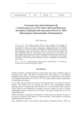 Taxonomic Notes About Ichneumon Fly Coelichneumon Torsor