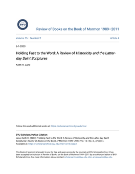 A Review of Historicity and the Latter-Day Saint Scriptures,