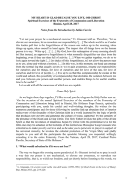 MY HEART IS GLAD BECAUSE YOU LIVE, OH CHRIST Spiritual Exercises of the Fraternity of Communion and Liberation Rimini, April 28, 2017