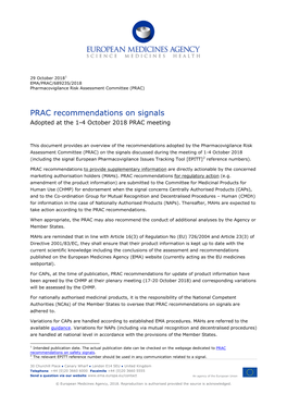 PRAC Recommendations on Signals October 2018