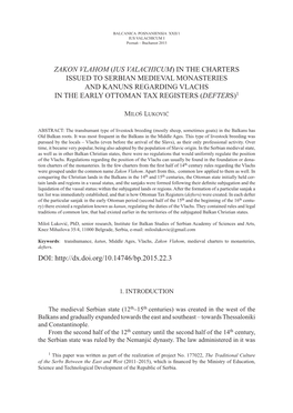 Zakon Vlahom (Ius Valachicum) in the Charters Issued to Serbian Medieval Monasteries and Kanuns Regarding Vlachs in the Early Ottoman Tax Registers (Defters)1