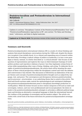 Poststructuralism and Postmodernism in International Relations