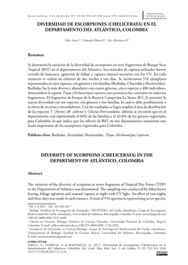 Diversidad De Escorpiones (Chelicerata) En El Departamento Del Atlántico, Colombia* Diversity of Scorpions