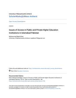 Issues of Access in Public and Private Higher Education Institutions in Islamabad Pakistan