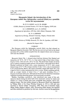 Macquarie Island: the Introduction of the European Rabbit Flea Spilopsyllus Cuniculi (Dale) As a Possible Vector for Myxomatosis