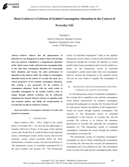 Henri Lefebvre's Criticism of Symbol Consumption Alienation in the Context of Everyday Life