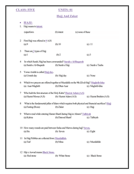 CLASS: FIVE UNITS: 01 Hajj and Zakat • HAJJ