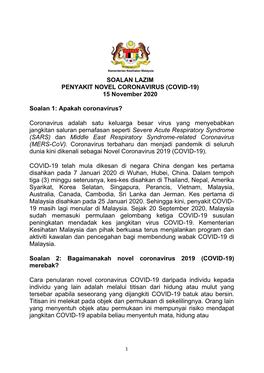 SOALAN LAZIM PENYAKIT NOVEL CORONAVIRUS (COVID-19) 15 November 2020