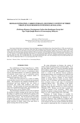 Biomass Estimation, Carbon Storage and Energy Content of Three Virgin Jungle Reserves in Peninsular Malaysia