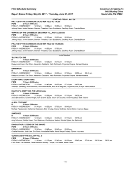 Film Schedule Summary Governors Crossing 14 1402 Hurley Drive Report Dates: Friday, May 26, 2017 - Thursday, June 01, 2017 Sevierville, TN 37862