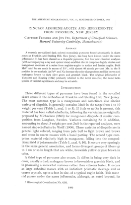 ZINCIAN AEGIRINE-AUGITE and JEFFERSONITE from FRANKLIN, NEW JERSEY Cr.Rrnonofnonnbr Enn Jux Ho, Departmentof Geolog,Icalsciences, H Arsaril [] Niaer Sity Cambrid