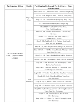 Participating Sellers District Participating Designated Physical Stores / Other Sales Channels Shop 2, G/F, Site 3, Aberdeen Centre, Aberdeen, Hong Kong