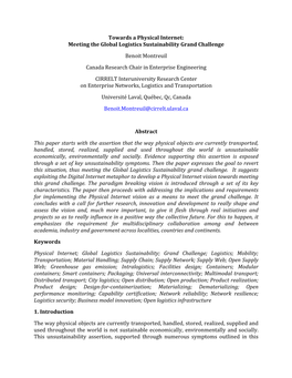 Towards a Physical Internet: Meeting the Global Logistics Sustainability Grand Challenge Benoit Montreuil Canada Research Chair in Enterprise Engineering