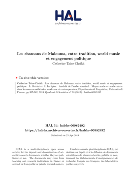 Les Chansons De Malouma, Entre Tradition, World Music Et Engagement Politique Catherine Taine-Cheikh