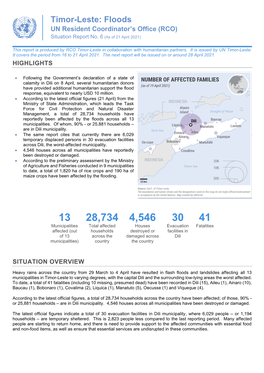 Timor-Leste: Floods UN Resident Coordinator’S Office (RCO) Situation Report No