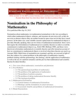 Nominalism in the Philosophy of Mathematics (Stanford Encyclopedia of Philosophy) 9/16/13 2:21 PM