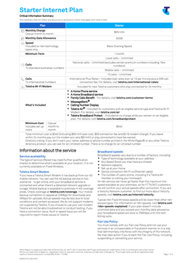 Starter Internet Plan Critical Information Summary This Summary May Not Reflect Any Discounts Or Promotions Which May Apply from Time to Time