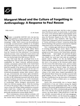 Margaret Mead and the Culture of Forgetting in Anthropology: a Response to Paul Roscoe