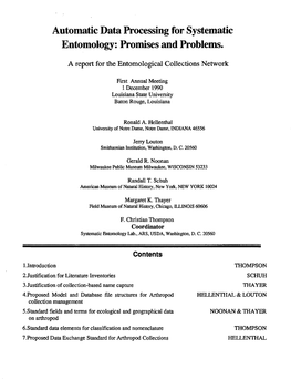 Automatic Data Processing for Systematic Entomology: Promises and Problems