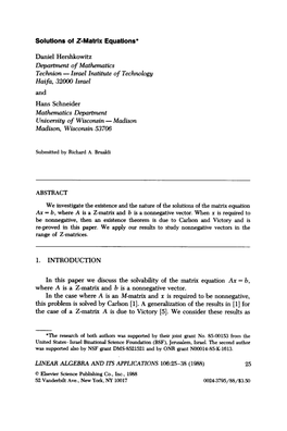 Solutions of Z-Matrix Equations* Department of Mathemutics Technion