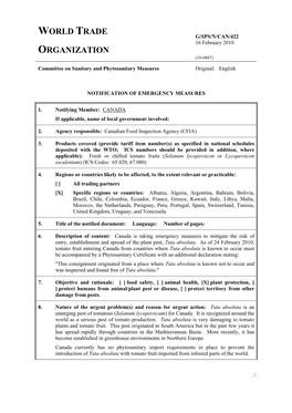 G/SPS/N/CAN/422 16 February 2010 ORGANIZATION (10-0887) Committee on Sanitary and Phytosanitary Measures Original: English