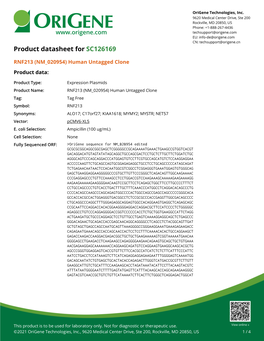 RNF213 (NM 020954) Human Untagged Clone Product Data