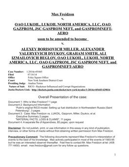 Max Freidzon V. OAO LUKOIL, LUKOIL NORTH AMERICA, LLC, OAO GAZPROM, JSC GASPROM NEFT, and GASPROMNEFT- AERO Soon to Be Amended to Become V