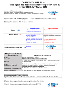 CARTE SCOLAIRE 2019 Mise À Jour Des Décisions Annoncées Par L’IA Suite Au Février CTSD Du 7 Février 2019