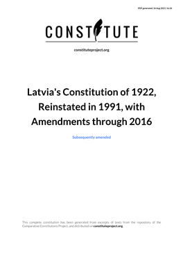 Latvia's Constitution of 1922, Reinstated in 1991, with Amendments Through 2016