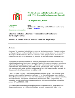 Education for School Librarians: Trends and Issues from Selected Developing Countries