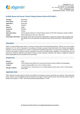 Mouse Anti Human Tubulin Folding Cofactor A(Clone:PAT1A5AT.)