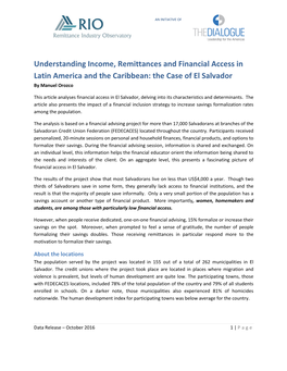 Understanding Income, Remittances and Financial Access in Latin America and the Caribbean: the Case of El Salvador by Manuel Orozco