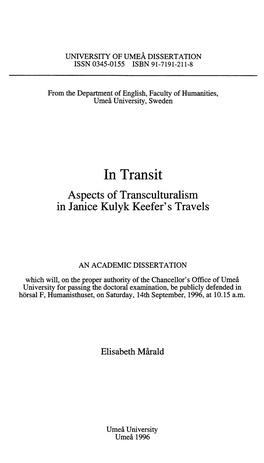 In Transit. Aspects of Transculturalism in Janice Kulyk Keefer's Travels