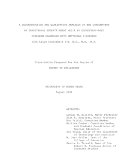 A Deconstruction and Qualitative Analysis of the Consumption of Traditional Entertainment Media by Elementary-Aged Children Diag