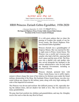 HRH Princess Zuriash Gebre-Egsiabher, 1930-2020