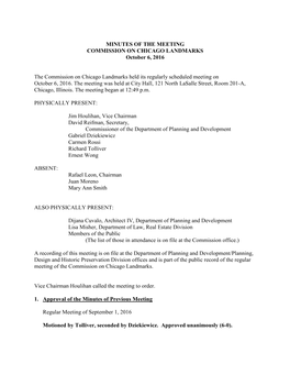 MINUTES of the MEETING COMMISSION on CHICAGO LANDMARKS October 6, 2016