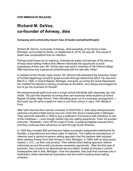 Richard M. Devos, Co-Founder of Amway, Dies