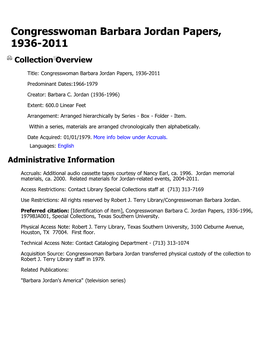 Congresswoman Barbara Jordan Papers, 1936-2011 Collection Overview