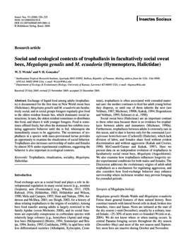 Social and Ecological Contexts of Trophallaxis in Facultatively Social Sweat Bees, Megalopta Genalis and M. Ecuadoria (Hymenoptera, Halictidae)