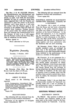 1Fi.Egislatiu.E J\Sumhlg Tamworth Or Any Other Honourable Member Tuesday, 2 October, 1973 Being Inhibited in the Performance of His Duties As a Member of Parl;Ament?