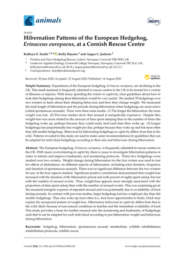 Hibernation Patterns of the European Hedgehog, Erinaceus Europaeus, at a Cornish Rescue Centre