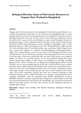 Biological Diversity Status of Fish Genetic Resources at Tanguar Haor Wetland in Bangladesh