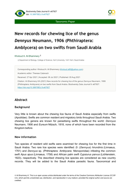 Phthiraptera: Amblycera) on Two Swifts from Saudi Arabia