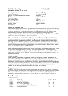 Bsc Medical Microbiology UCAS Code: C521 for Students Entering Part 1 in 2009/0