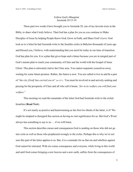 Follow God's Blueprint Jeremiah 29:15-19 These Past Two Weeks I Have Brought You to Jeremiah 29, One of My Favorite Texts in T