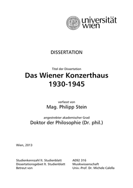 Das Wiener Konzerthaus 1930-1945