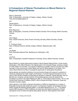 A Comparison of Glacier Fluctuations on Mount Rainier to Regional Glacial Histories